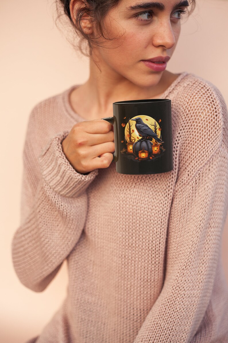 Bird Coffee Mug, Crow Mug, Raven Cup, Dark Academia, Spooky Cup, Black Pumpkin. image 5