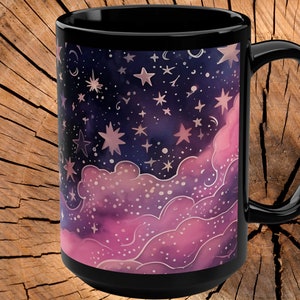 Witchy Mug, Galaxy Mug, Celestial 15 oz, Outer Space, Tea Lover, Universe, Pink Stars and Moon.