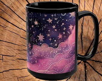 Witchy Mug, Galaxy Mug, Celestial 15 oz, Outer Space, Tea Lover, Universe, Pink Stars and Moon.