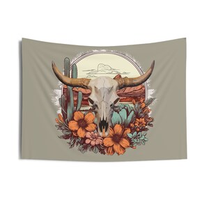 Floral Cow Skull, Boho Rustic Indoor Wall Tapestry, Western Themed. image 6
