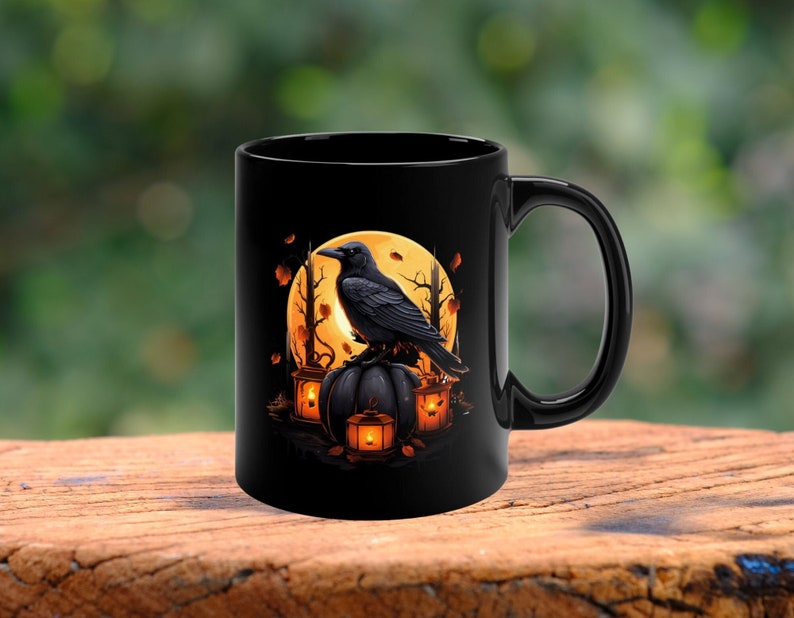 Bird Coffee Mug, Crow Mug, Raven Cup, Dark Academia, Spooky Cup, Black Pumpkin. image 2