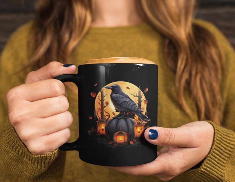 Bird Coffee Mug, Crow Mug, Raven Cup, Dark Academia, Spooky Cup, Black Pumpkin. image 1