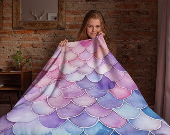 Yoga Blanket, Mermaid Throw with Pinks, Purples, Blues, Velveteen Plush Blanket, Adult or Kids Mermaid Decor.