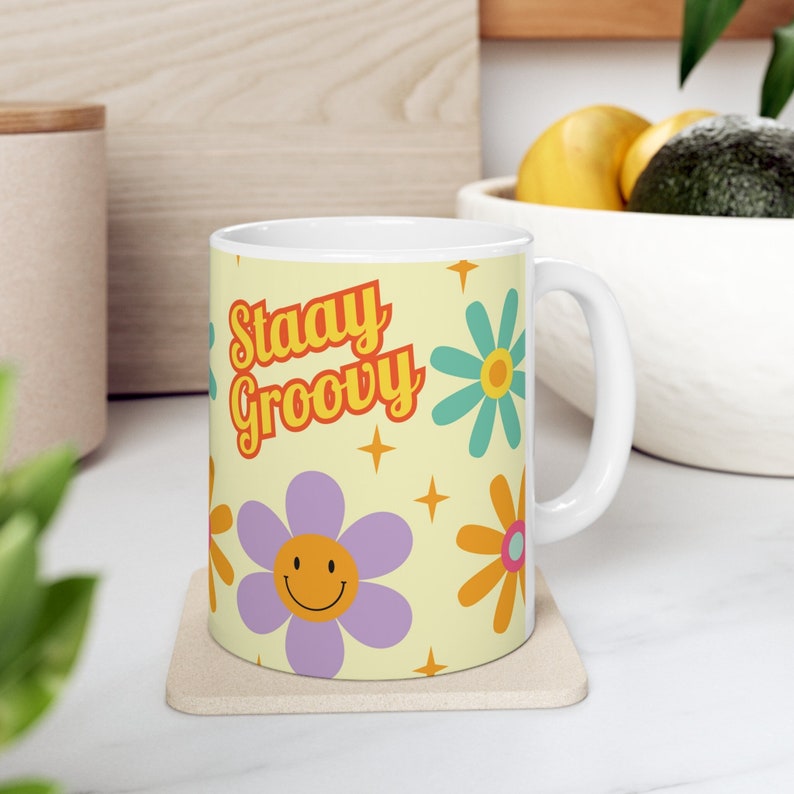 Dont Worry Be Happy, Retro Coffee Cup, Groovy Mug, Flower Power, Hippie Gift For Wife. image 1