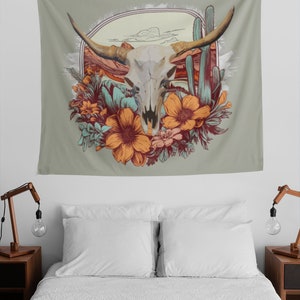 Floral Cow Skull, Boho Rustic Indoor Wall Tapestry, Western Themed. image 3