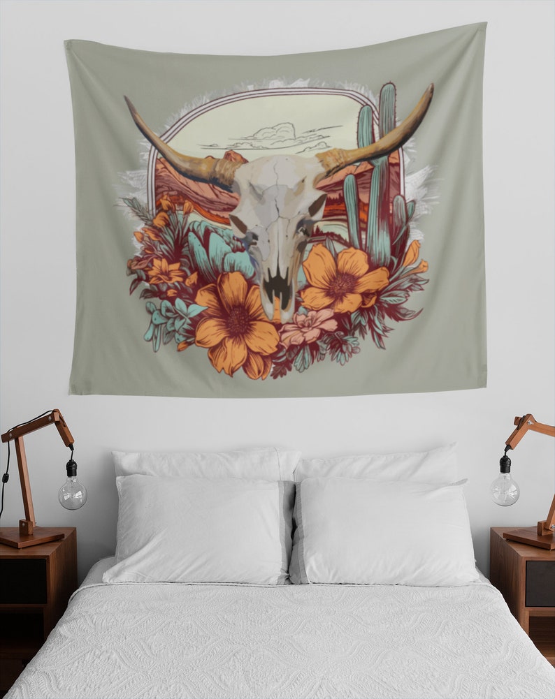 Floral Cow Skull, Boho Rustic Indoor Wall Tapestry, Western Themed. image 3