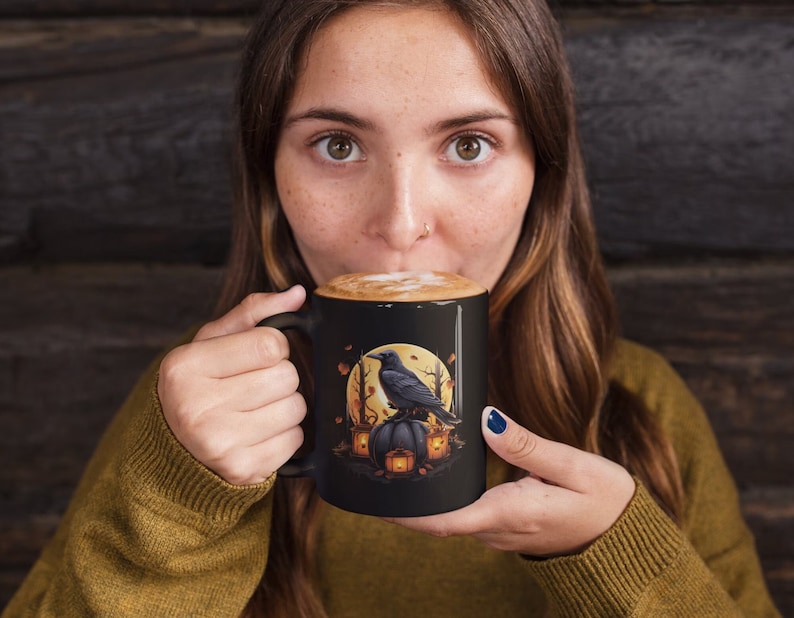 Bird Coffee Mug, Crow Mug, Raven Cup, Dark Academia, Spooky Cup, Black Pumpkin. image 3