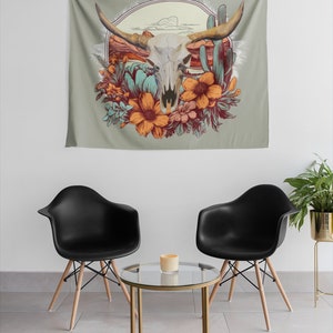 Floral Cow Skull, Boho Rustic Indoor Wall Tapestry, Western Themed. image 5