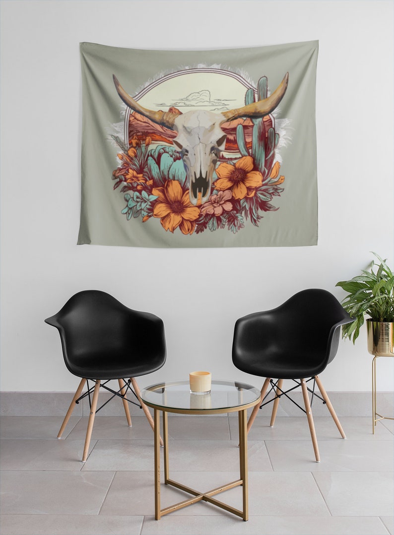 Floral Cow Skull, Boho Rustic Indoor Wall Tapestry, Western Themed. image 5