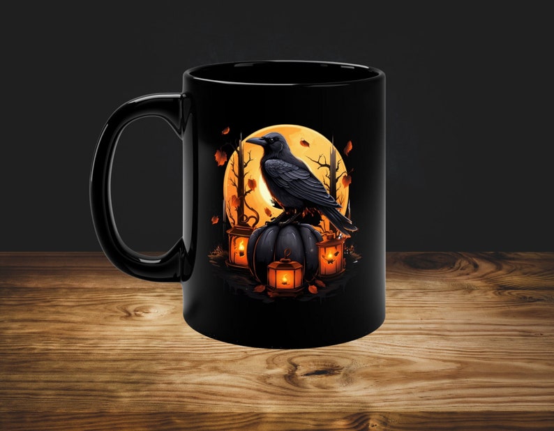 Bird Coffee Mug, Crow Mug, Raven Cup, Dark Academia, Spooky Cup, Black Pumpkin. image 4