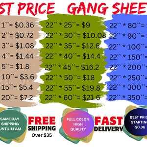 May include: A price list titled "BEST PRICE GANG SHEET" with prices for various sizes, starting at $0.36. The sizes range from 22" x 1" to 22" x 350". The text is in red, green, and blue on a white background.