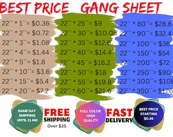 May include: A price chart for a product, with a green, brown, and blue background. The chart shows the price of the product based on the size. The chart is titled "Best Price Gang Sheet".