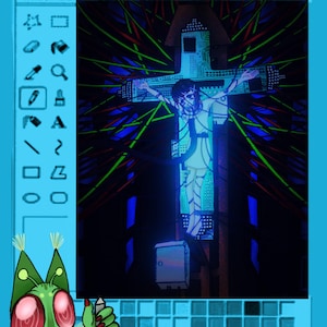 May include: A digital art piece depicting a figure on a cross constructed from circuit boards, set against a backdrop of stained glass-like lines. The image is framed within a blue Windows Paint window, with a cartoon character in the corner.