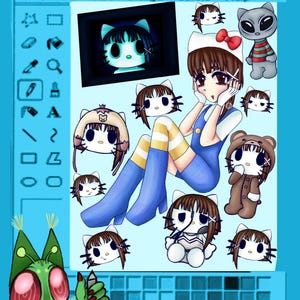 Puede incluir: Ilustración digital en una interfaz azul, titulada "untitled - Paint". La imagen presenta personajes de estilo anime, incluyendo una chica con un diseño inspirado en Hello Kitty, y otros personajes de dibujos animados. El texto "Help, crick Help Topics on the Help Menu" es visible.