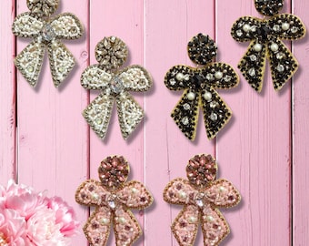 Beaded Fancy Bow Earrings in Black Pink and White, Easter Earrings, Statement Earrings