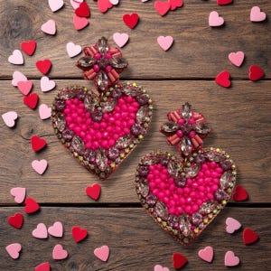 Beaded Hot Pink Heart Love Earrings, Seed Bead Earrings, Rhinestone and Sequins Earrings, Valentines Jewelry, Statement Earrings