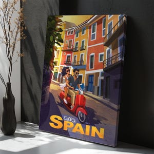 Motorcycle Lovers In Spain Cuenca Streets Canvas Painting, Gift for Home Decor, Office Wall Decor, Large Wall Art Modern Canvas Wall Decor