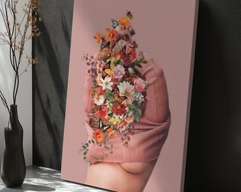 Undressing Woman With Colorful Butterflies And Flowers Detail Print, Framed Canvas Wall Art, Nü Canvas Wall Art, Nü Modern Wall Decor