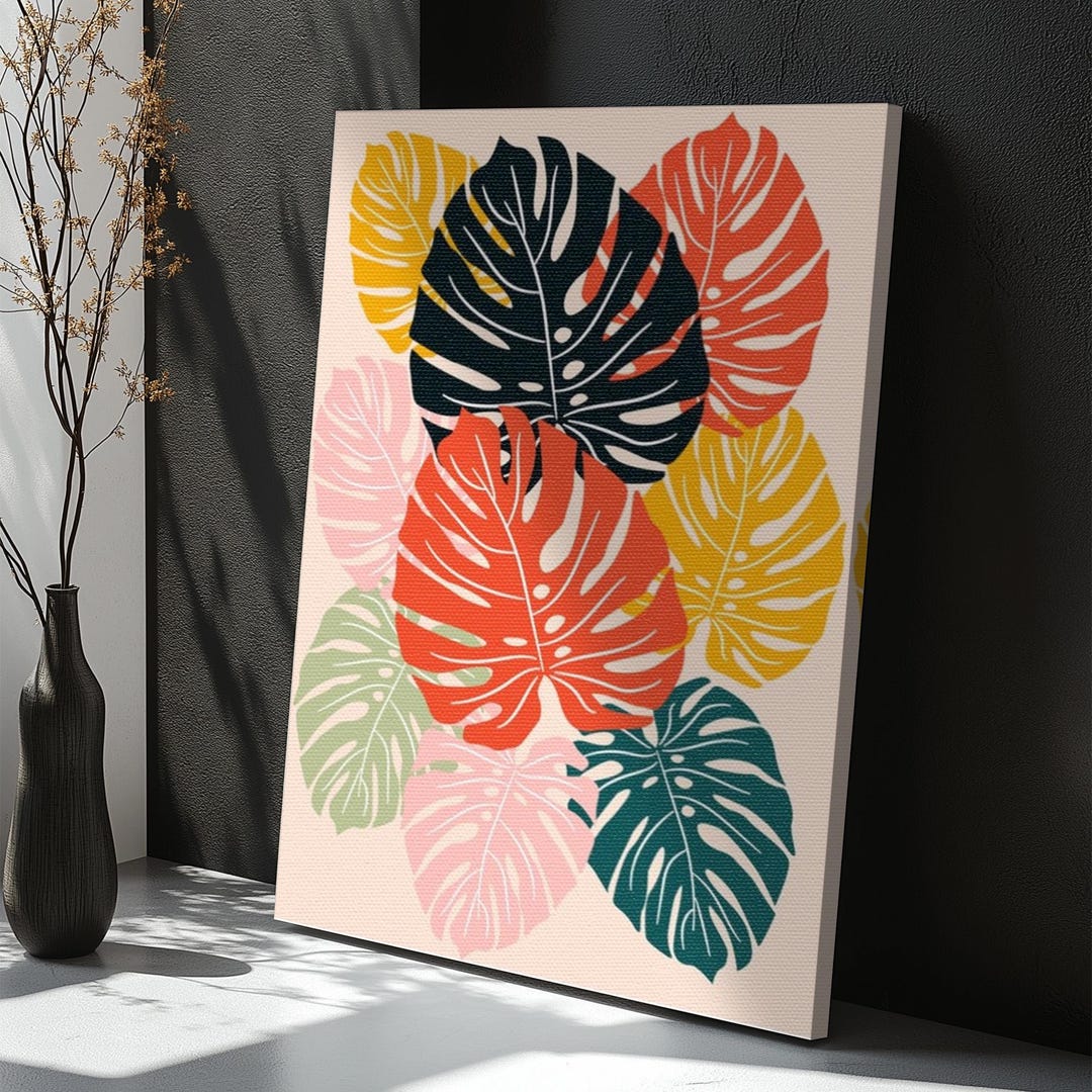 Tropical Monstera Leaves Canvas Painting, Bohemian Wall Art - Etsy