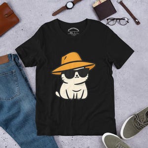 Minimalist Cat Wearing Sunglasses and Hat - T- Shirt – Funny Pet Lover Gift - Male - Female - Unisex