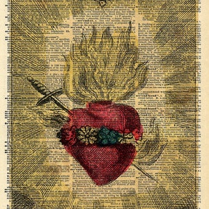 Vintage Sacred Heart Print The Immaculate Heart of Mary Cathlic Surreal Antique Gothic Religious Illustration