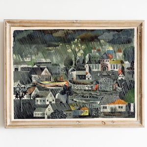 Dark German Fairy Tale Art - Rainy Village - Rain Clouds - Mid Century Illustration - Black Green Blue