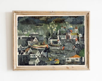 Dark German Fairy Tale Art - Rainy Village - Rain Clouds - Mid Century Illustration - Black Green Blue