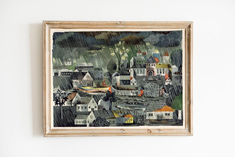 Dark German Fairy Tale Art Rainy Village Rain Clouds Mid Century Illustration Black Green Blue image 1
