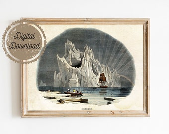 Digital Download Antique Nature Print - Arctic Iceberg Art - Victorian Nautical Nature Illustration - Winter Scene Art Print