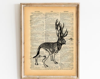 Jackalope Vintage Book Art Print - Upcycled Recycled Antique Book Print - Faux Taxidermy Rabbit Print - Mythical Animal Natural History