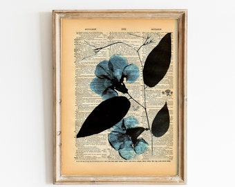Floral Art Print - Vintage Dictionary Print - Upcycled Antique Book Print - Natural History Flower Vine Botanical Print - Blue and White