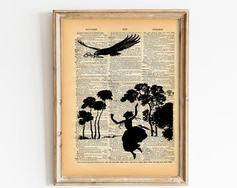 Vintage Book Art Print - Fairytale Silhouette - Bird and Girl Print - Altered Art Book Print - Vintage Dictionary