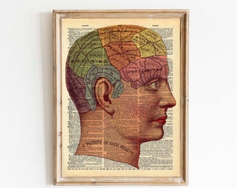 Vintage Dictionary Print - Phrenology Chart - Mystical Occult Surreal Art - Upcycled Recycled Book Print - Anatomical Steampunk Circus Decor