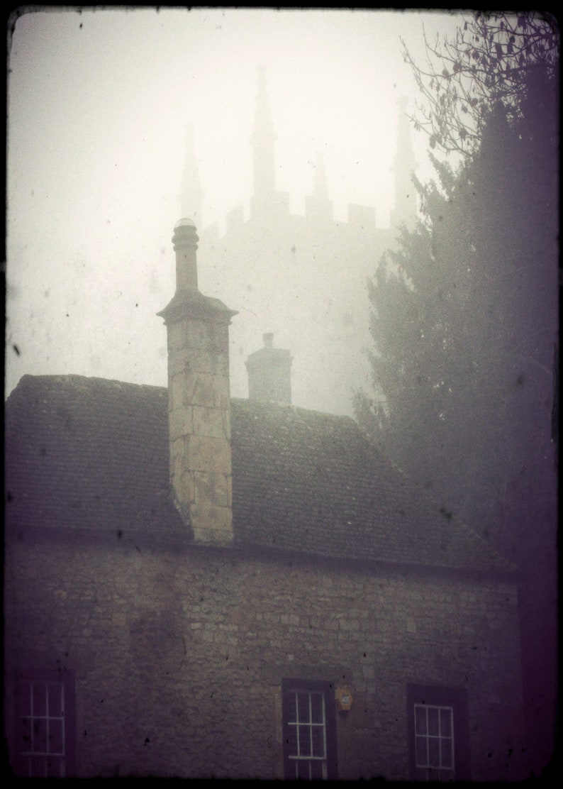 Dreamy English Village Photograph Fog and Spires Vintage Fairy Tale Photo Europe Travel Photography image 2