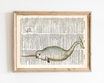 Vintage Book Print - Narwhal Sea Monster - Upcycled Recycled Antique Book Print - Nautical Animal Whale Print