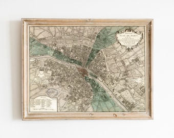 Antique Paris Map - Plan de Paris - Victorian French Vintage Map Engraved - Elegant Grey Green Map