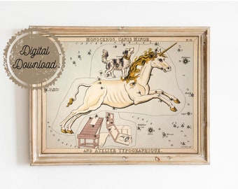 Digital Download - Canis Major - Unicorn and Dog Stars - Vintage Constellations Art - Zodiac Sky Whimsical Circus Art Print