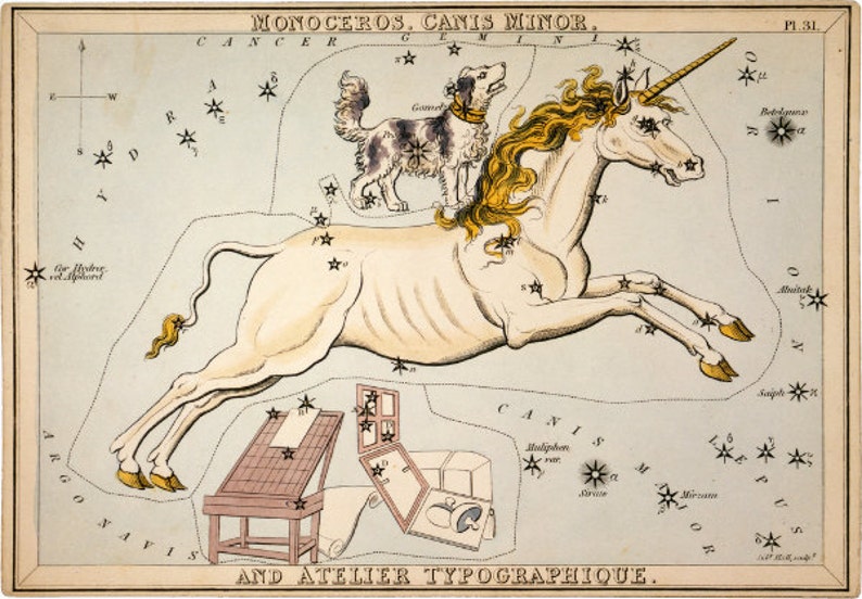 Vintage Constellations Print Canis Major Unicorn and Dog Stars Pastel Pale Blue Pink White Zodiac Sky Whimsical Circus Art Print image 2