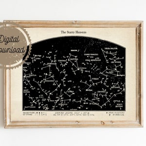 Digital Download  - Night Sky Stars Art - Star Chart Print - Black and White Sepia Art Print - Natural History Nature Art
