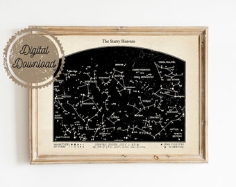 Digital Download  - Night Sky Stars Art - Star Chart Print - Black and White Sepia Art Print - Natural History Nature Art