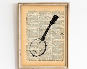 Vintage Book Art Print - Musical Instrument Banjo - Upcycled Antique Book Print - Folk Music Art - Altered Book Art Print