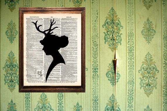 Antler Silhouette Antique Book Print Altered Book Elegant Surreal Home Decor Head full of Stars Vintage Dictionary Print