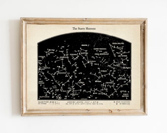 Vintage Constellations Print - Night Sky Stars Art - Star Chart Print - Black and White Sepia Art Print - Natural History Nature Art