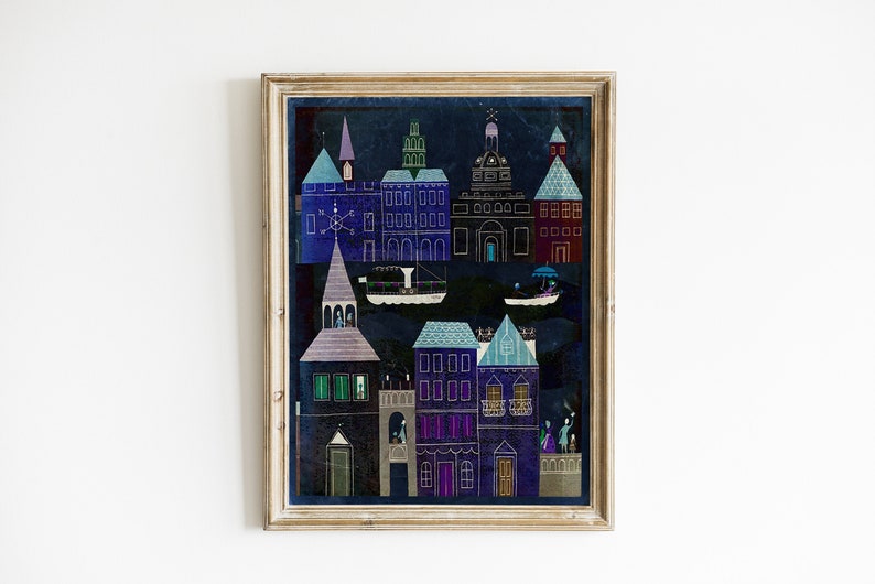 Vintage Fairy Tale Illustration European Travel City at Night Art Print Vibrant Bright Color image 1