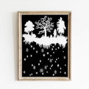 Black and White Paper Cut Print - Fairy Tale Forest Art Print - Night Sky Wall Decor - Tree Silhouette Print