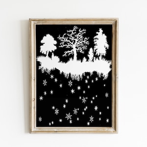 Black and White Paper Cut Print Fairy Tale Forest Art Print Night Sky Wall Decor Tree Silhouette Print image 1