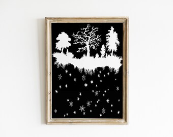 Black and White Paper Cut Print - Fairy Tale Forest Art Print - Night Sky Wall Decor - Tree Silhouette Print