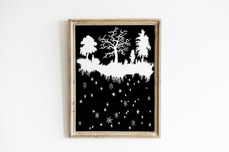 Black and White Paper Cut Print Fairy Tale Forest Art Print Night Sky Wall Decor Tree Silhouette Print image 1