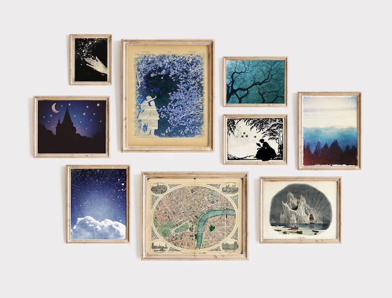 May include: A gallery wall with nine framed prints, including a map, a cityscape, a starry night sky, a silhouette of a castle, a girl looking at a tree, a silhouette of a couple, a forest, a mountain range, and a hand reaching for stars.