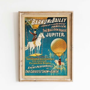Antikes Zirkus Poster - Jupiter das Ballonpferd - Vintage Americana Karneval Druck - Viktorianischer Steampunk Kunst - Heißluftballon - Pferdekunst